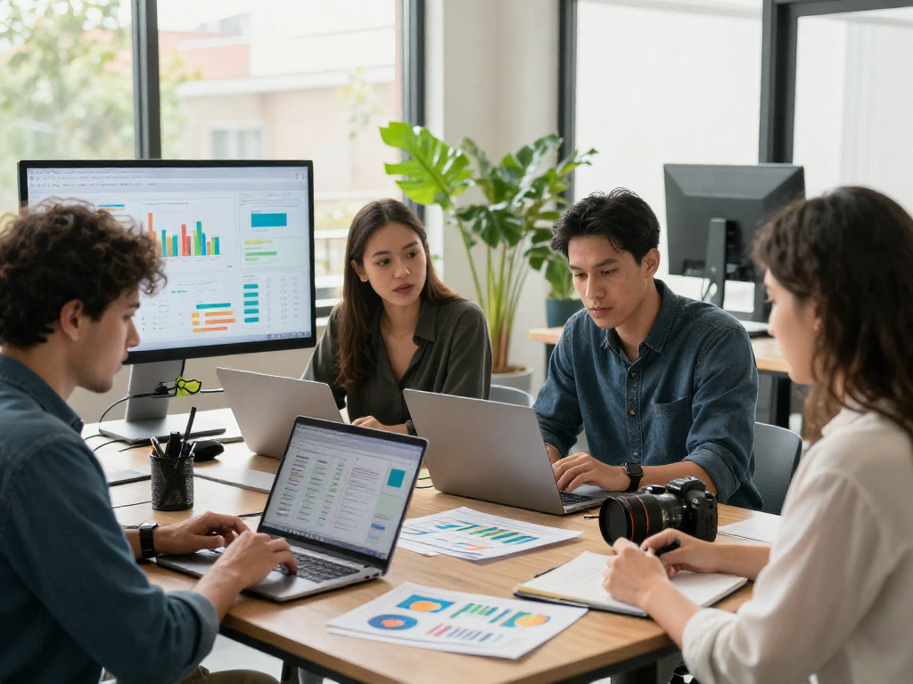 Dynamic office scene showcasing a home service marketing agency team collaborating on strategies and data analysis.