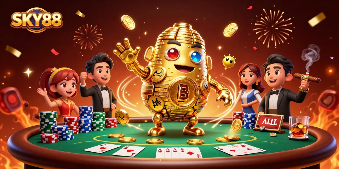 Engage with SKY88's thrilling poker atmosphere, featuring a golden golem and vibrant game elements.