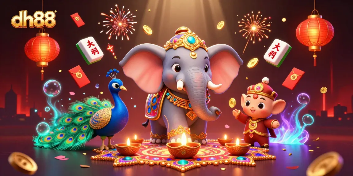 Experience thrilling games at dh88 with a vibrant elephant and peacock in a festive casino scene.