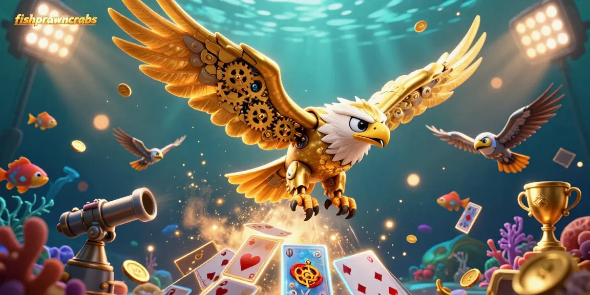 Experience the thrill of fishprawncrabs with a lively 3D illustration of golden eagle diving through underwater gaming excitement.