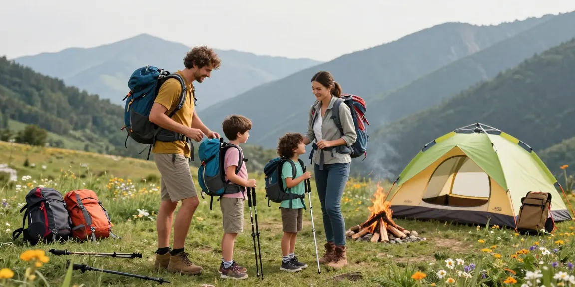 Family adventure scene in nature showcasing mantra88 activities, with hiking gear and camping setup.
