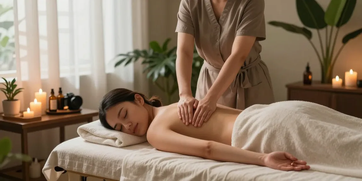 마사지 중인 모습으로 편안한 분위기에서 고객의 피로를 풀고 있는 테라피스트.