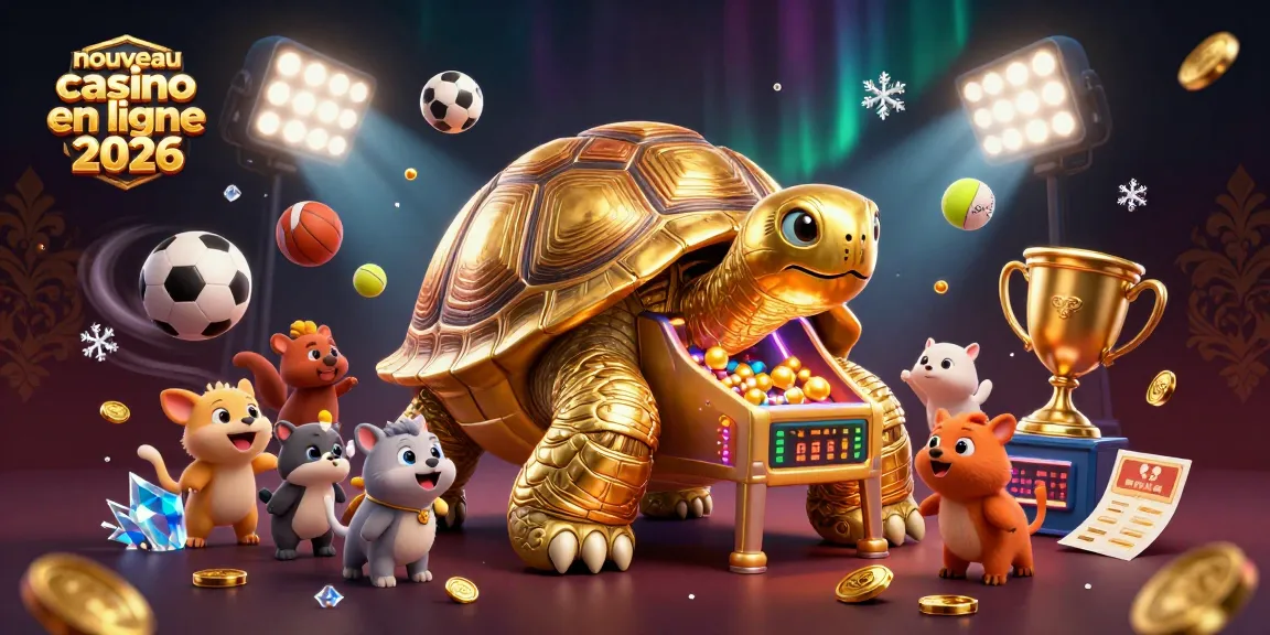 Nouveau casino en ligne 2026: Jouez avec une tortue géante en pinball sur une scène festive de sport.