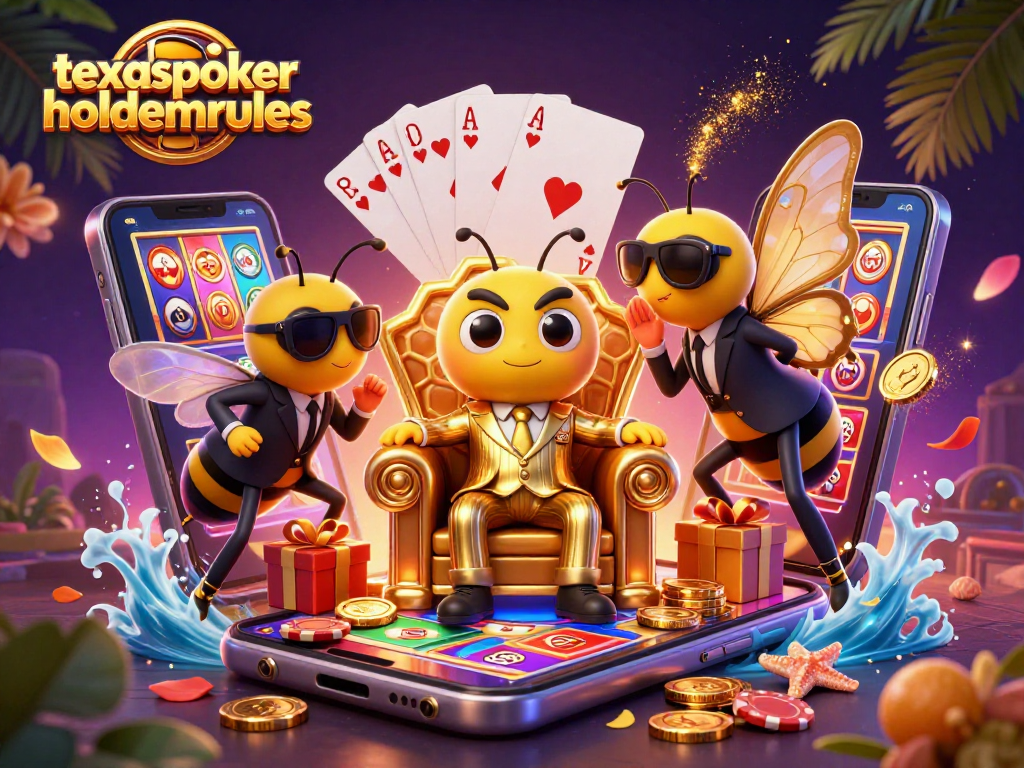 Poker excitement depicted with texaspokerholdemrules in a vibrant casino scene featuring a cartoon bumblebee mob boss.