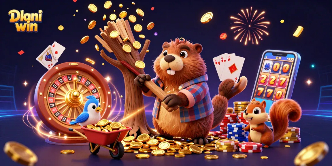 Dhani win captivating gaming scene with a cartoon beaver, bird, and squirrel amidst golden coins and casino elements.