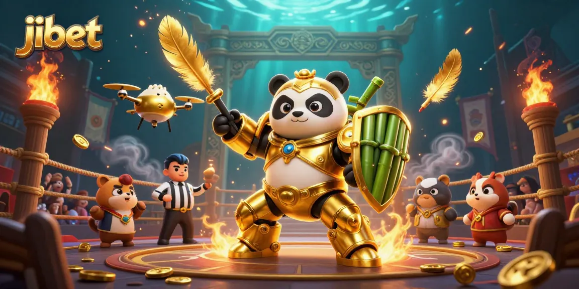 Experience thrilling gameplay at jibet with a vibrant arena featuring a golden panda in a mech suit.