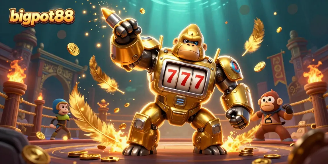 Experience the excitement at bigpot88 with a dynamic 3D illustration showcasing a golden gorilla mech and Casino elements.