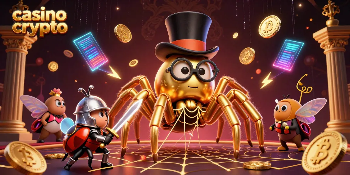Disfruta del casino crypto con tarántula dorada y caballero en una escena animada.