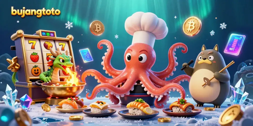 Engage with Bujangtoto's vibrant slot game scene featuring an octopus chef, dragon, and tanuki.