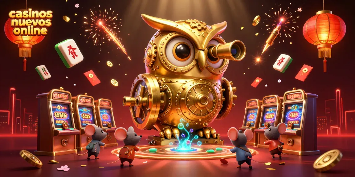 Ilustración de casinos nuevos online con búho dorado y ratones disfrutando entre máquinas tragamonedas broncíneas.