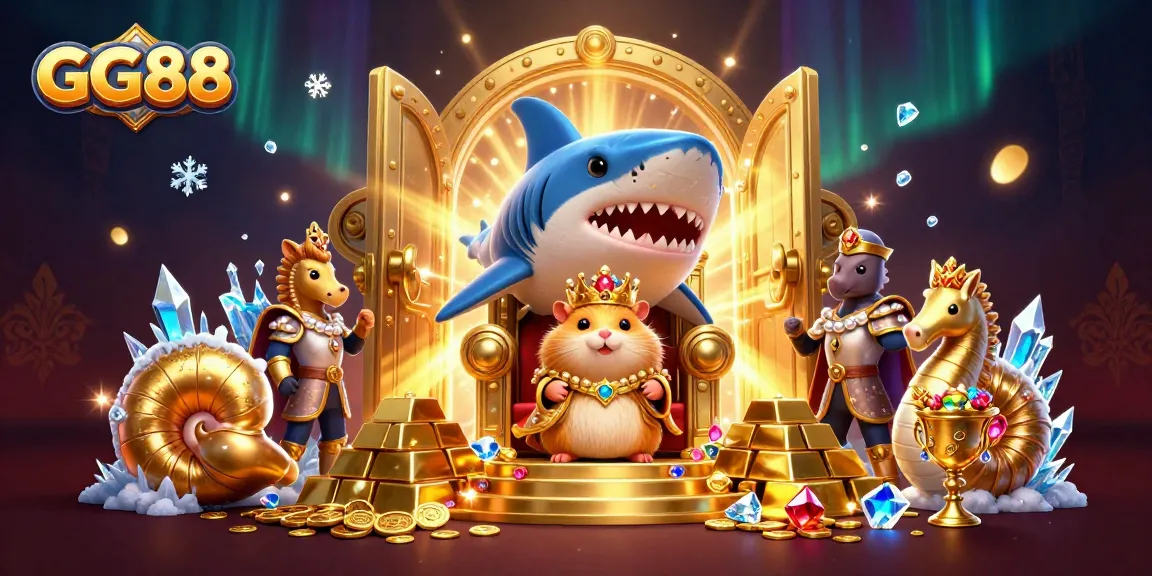 Experience the exhilarating thrill of GG88 with a vibrant 3D scene showcasing a golden hamster king and treasure in a thrilling casino atmosphere.