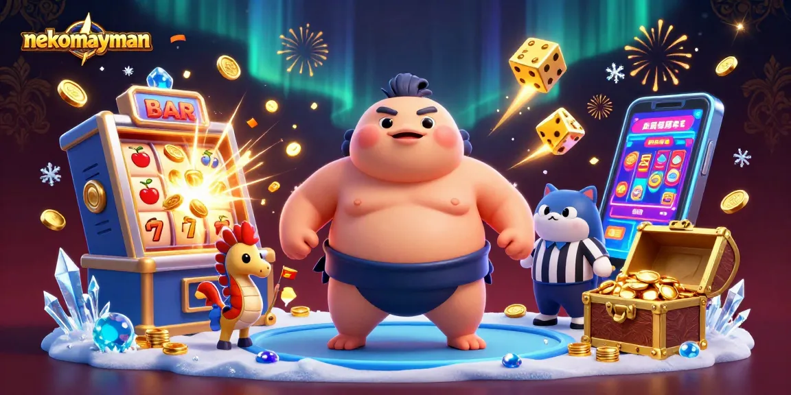 Neko May Mắn features an energetic casino scene with a vibrant blowfish character enjoying the slot excitement.