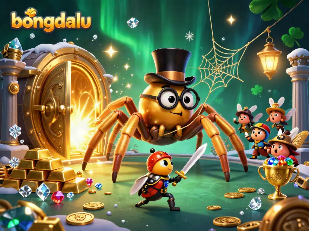 Bongdalu unveils an enchanting scene where a golden tarantula weaves fortune amidst treasures in a lively casino