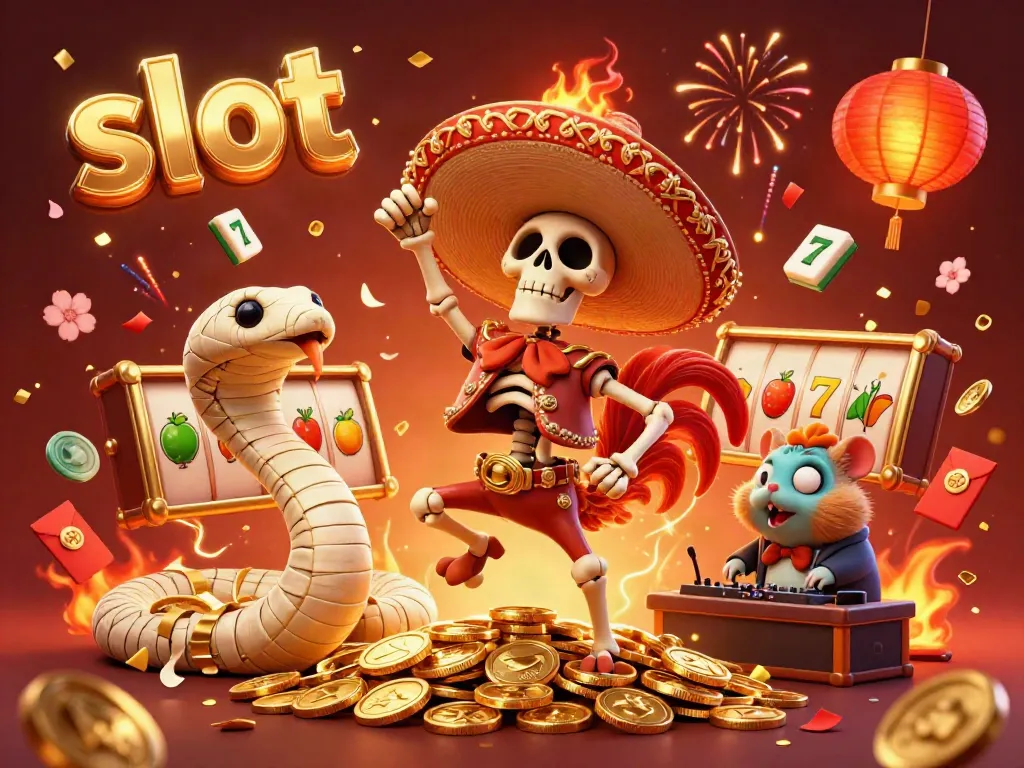 Merayakan slot dengan ilustrasi 3D kartun, gundukan koin, dan karakter unik menari.