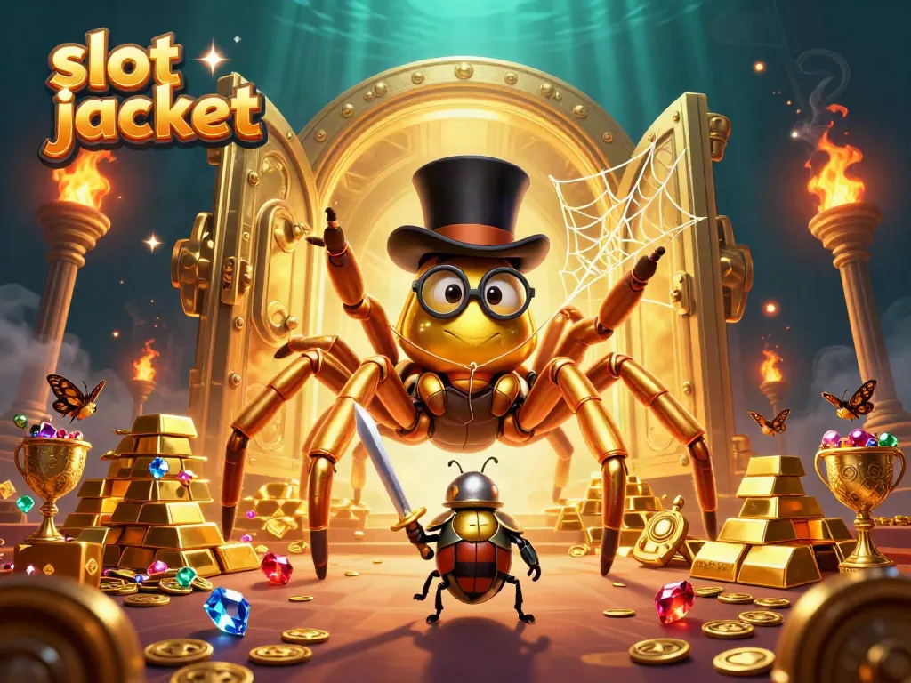 Experience the thrill of hitting a slot jackpot as a giant tarantula spins golden threads in a lively casino.