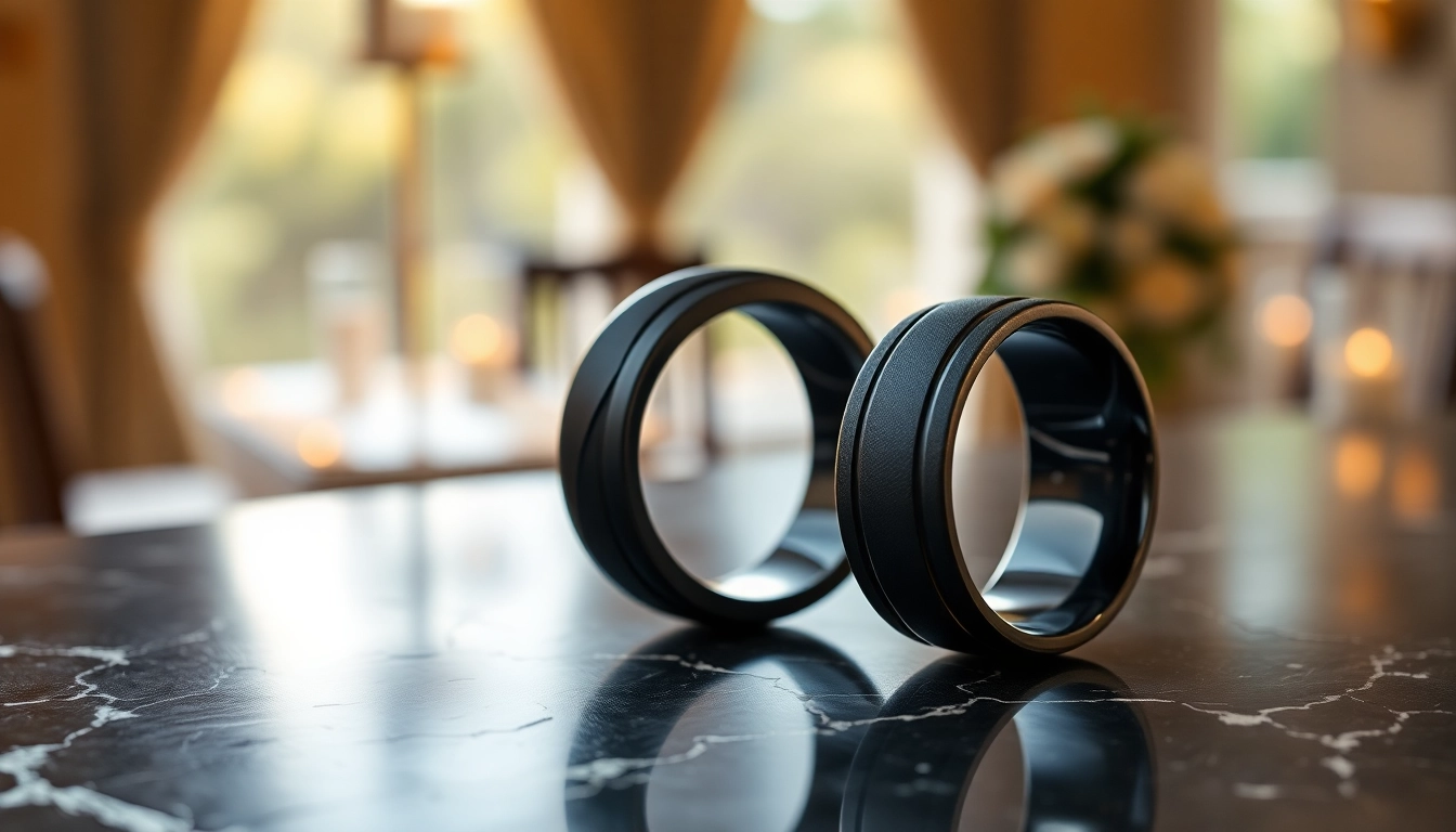 Showcase of Black Wedding Rings for Men featuring various styles and textures on a marble surface.