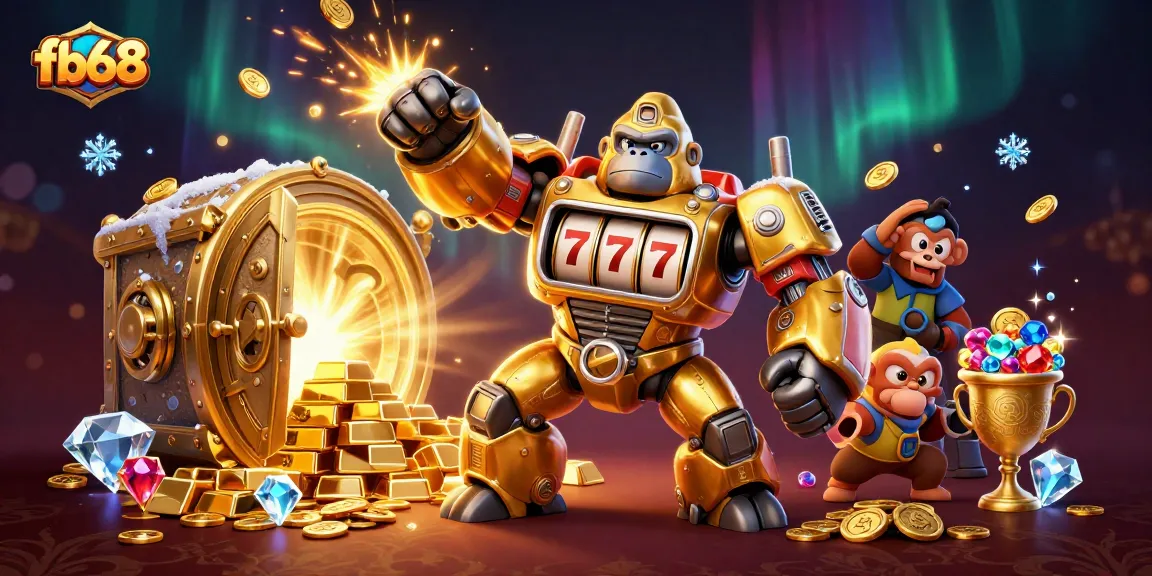 Experience thrilling action at fb68 with a golden mech and vibrant casino treasures.