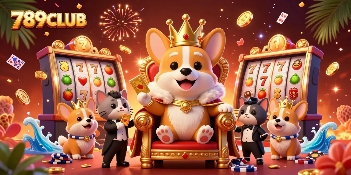 Experience the excitement of 789CLUB with a lavish 3D casino scene featuring royal corgis and vibrant slot games.