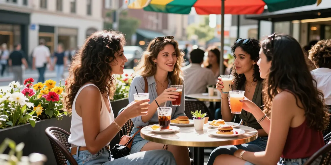 Gái gọi tận hưởng không khí vui vẻ bên bạn bè tại quán cà phê ngoài trời
