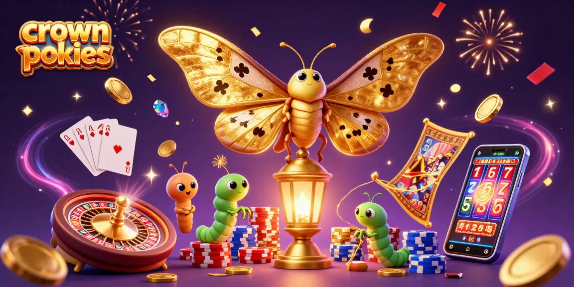 Crown pokies experience with vibrant gaming elements in a dynamic 3D casino illustration.
