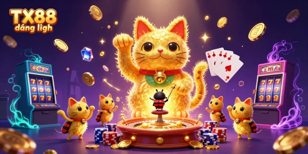 Engage in fun gaming with TX88 đăng nhập featuring lucky cat and casino elements.