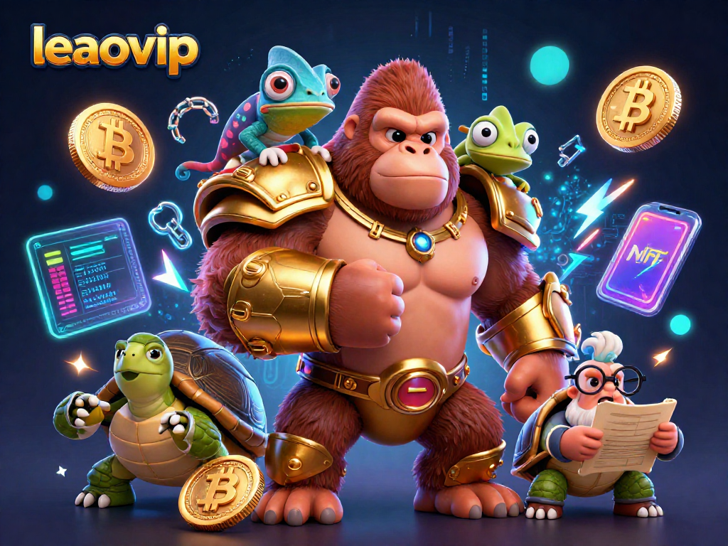 Gorila kuat dan temannya chameleon mempromosikan leaovip dengan elemen crypto yang menarik.