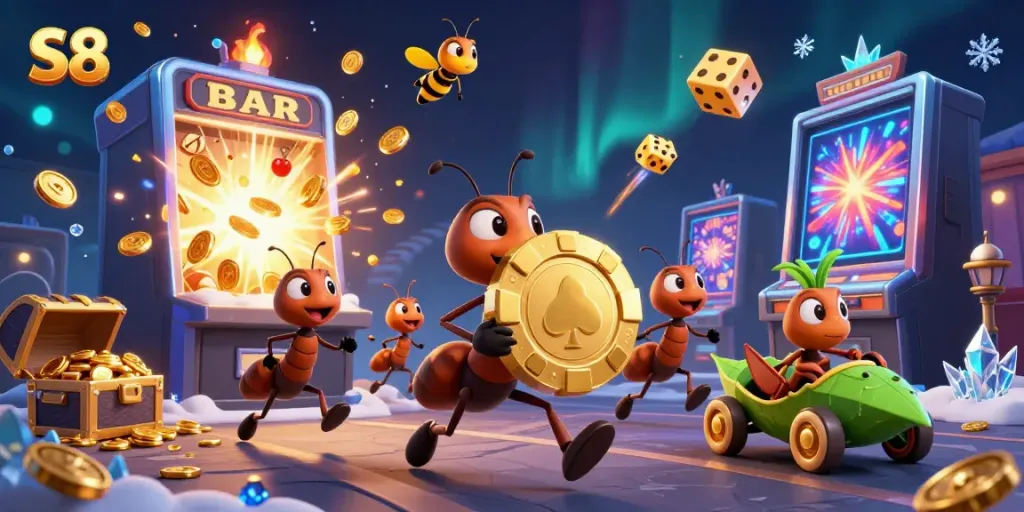 S8 online casino heist illustration with ants and casino symbols bursting with excitement.