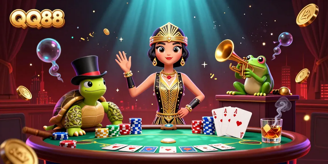 Join the excitement at QQ88 with vibrant poker scenes and lively characters in an animated bar setting.