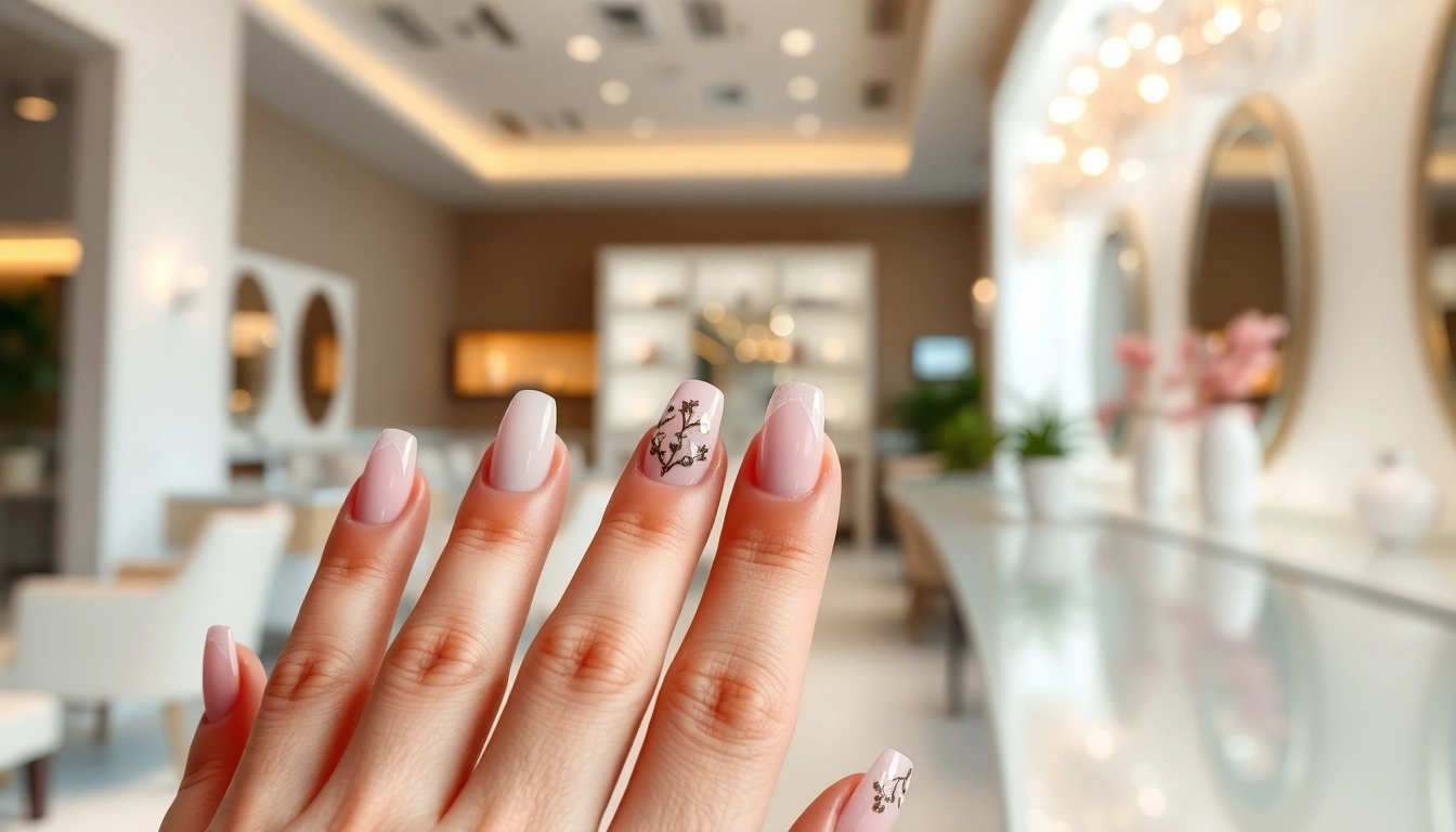 Stylish nail extensions showcased in a luxury salon with intricate designs and pastel colors.