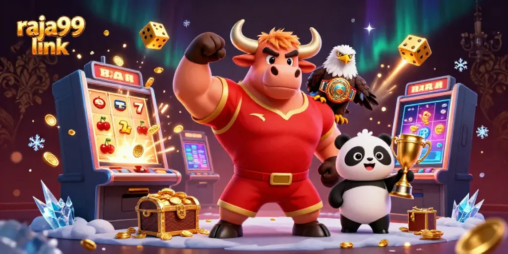 Celebrate wins and big jackpots with raja99 link, featuring a dynamic casino scene with energetic mascots.