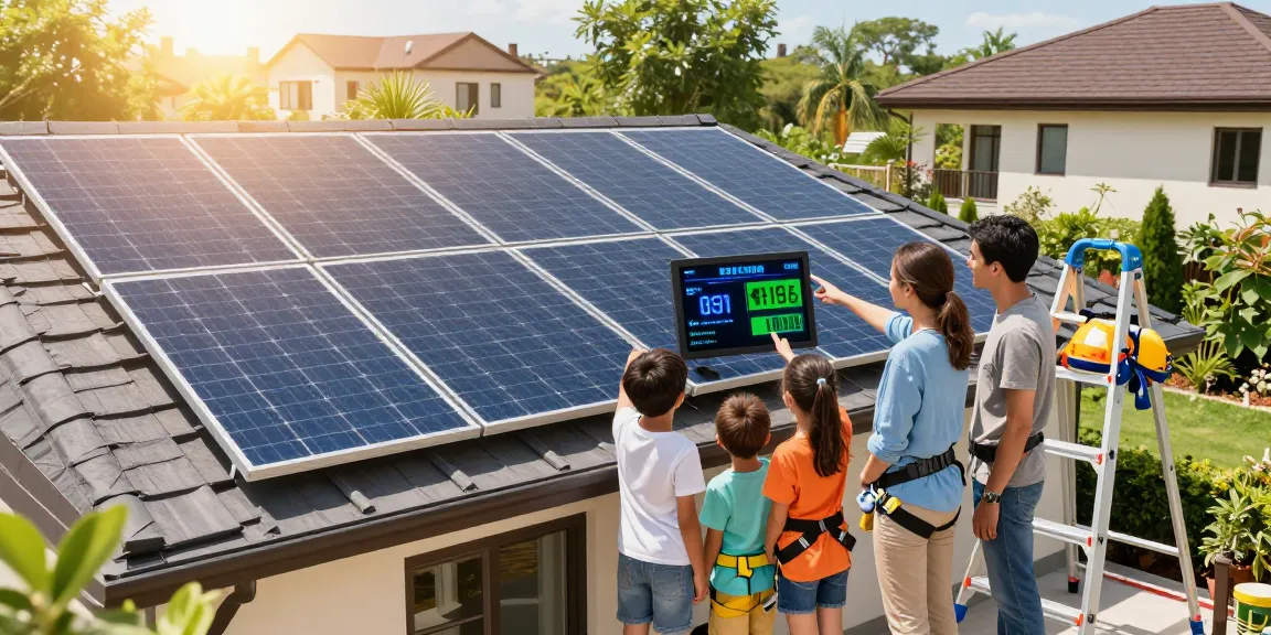 Family enjoying the benefits of panouri fotovoltaice on their rooftop, showcasing solar energy savings.