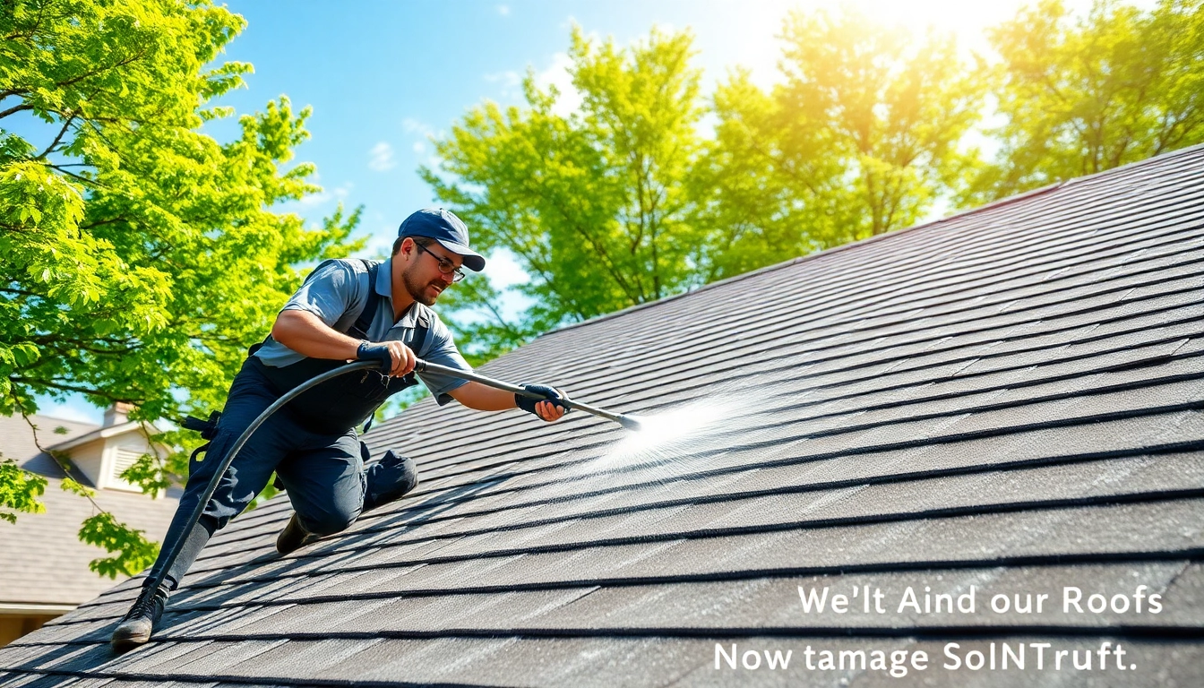 Roof Cleaning technician applying gentle method on a home's rooftop, ensuring safety and effectiveness.
