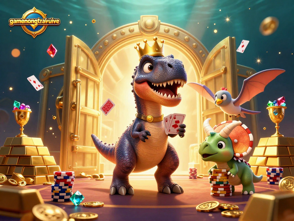Engage in thrilling card games with gamenongtraivuive's charming T-Rex, pterodactyl, and triceratops in a vibrant casino.