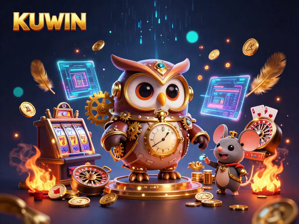 Experience the thrill of KUWIN with adventurous characters in a vibrant casino world filled with slot machines and dynamic elements.