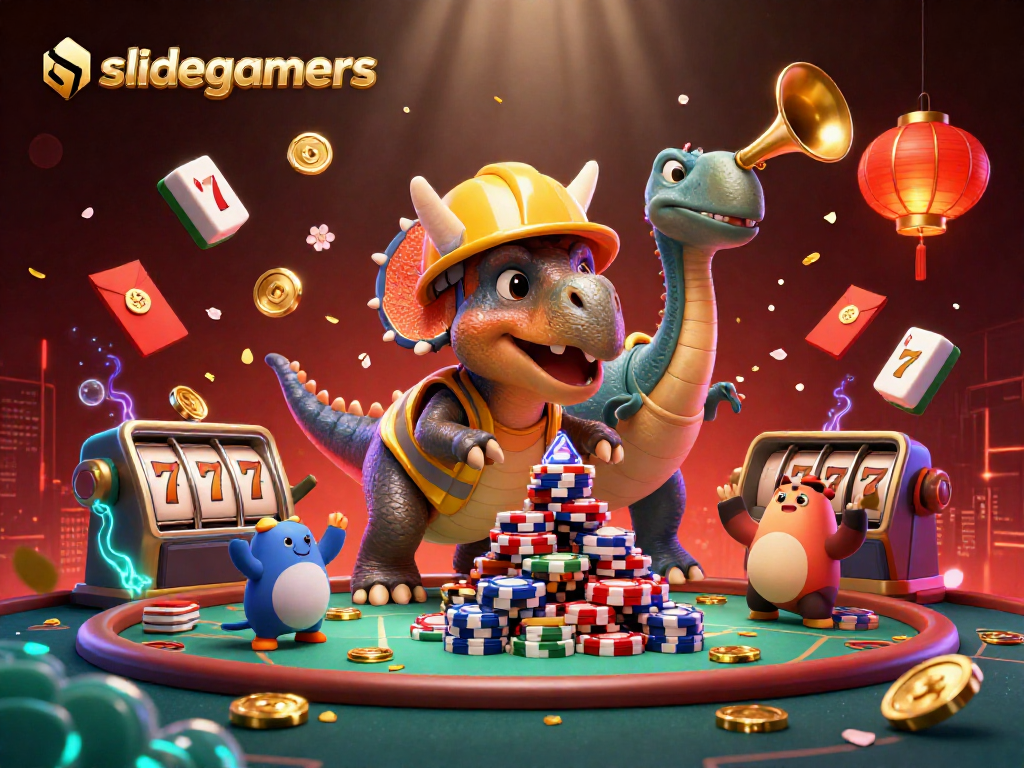 Engage with slidegamers as a triceratops builds a poker chip pyramid, cheerfully celebrated by vibrant casino elements.
