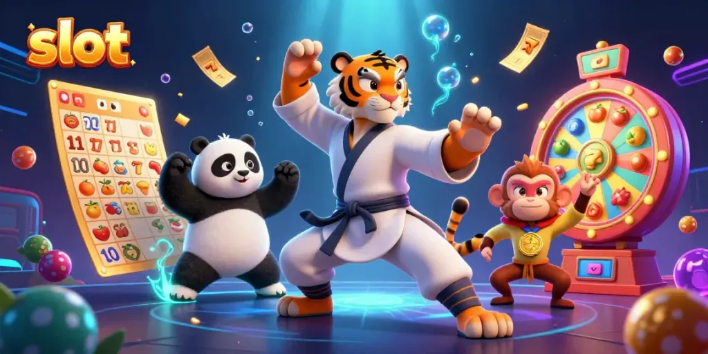 Slot mesin yang berputar dengan simbol keberuntungan dalam ilustrasi kasino yang dinamis.