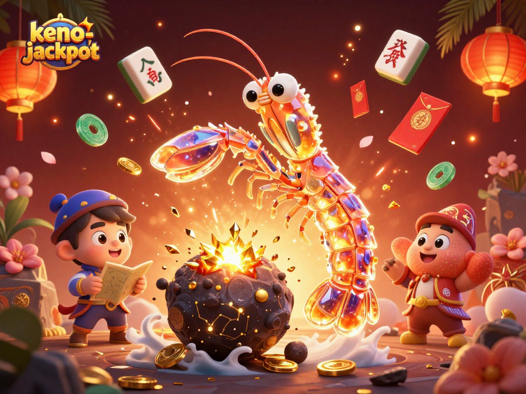 Keno-jackpot players winning big as golden coins explode around a samurai shrimp and starfish.
