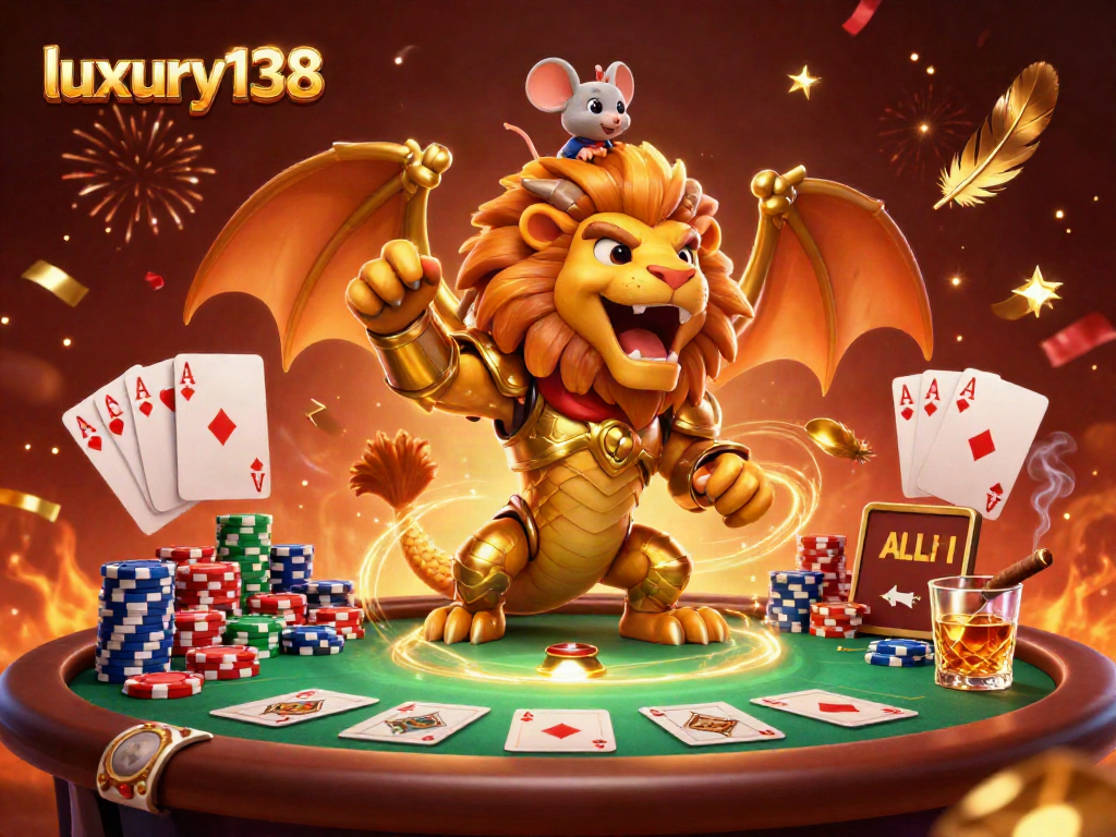 luxury138 menghadirkan suasana poker yang meriah dengan chimera berarmor keemasan dan mouse joki berani