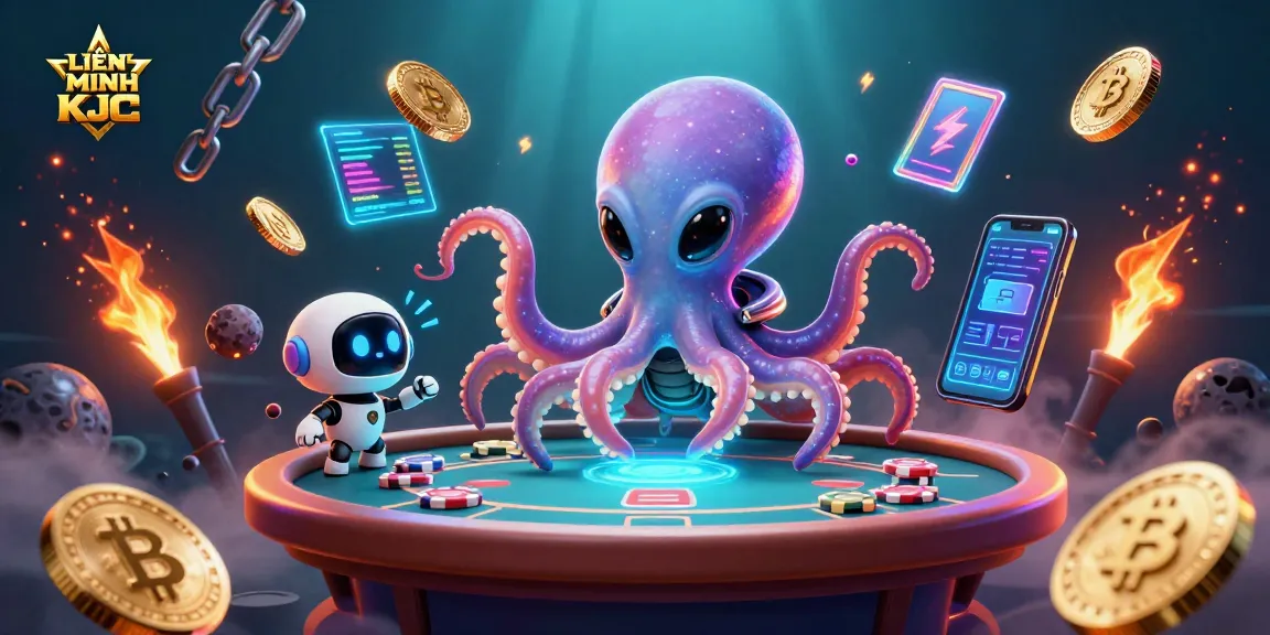 Experience LIÊN MINH KJC with alien octopus gaming at the holographic poker table in a vibrant cosmic scene.