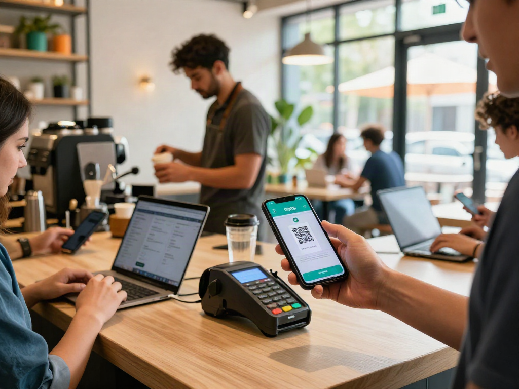 Engaging cafe scene showcasing slot QRIS payment on smartphone amid a lively atmosphere, reflecting modern commerce.