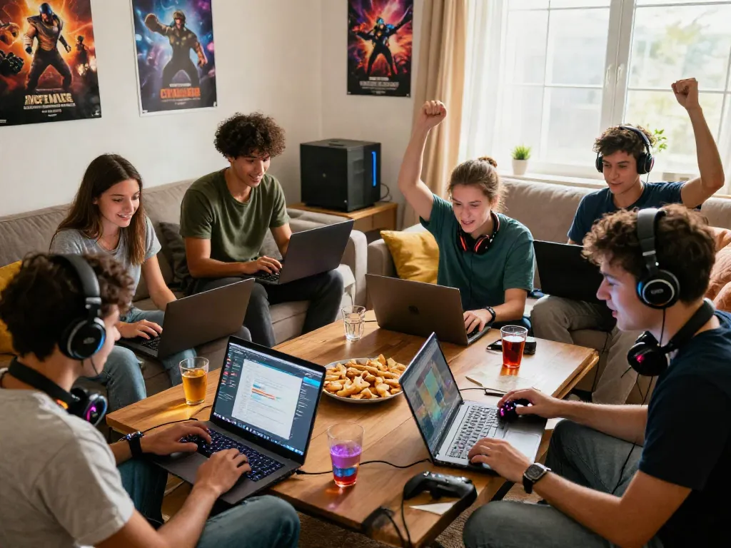 Engaged players enjoying สล็อตเว็บตรง games in a lively home setting.