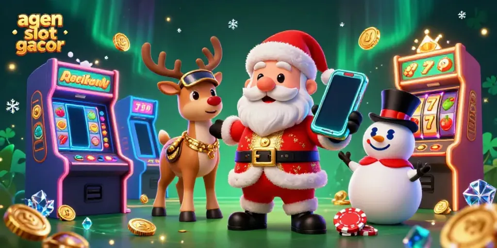 Experience the excitement of agen slot gacor with Santa, a reindeer dealer, and a poker chip snowman!