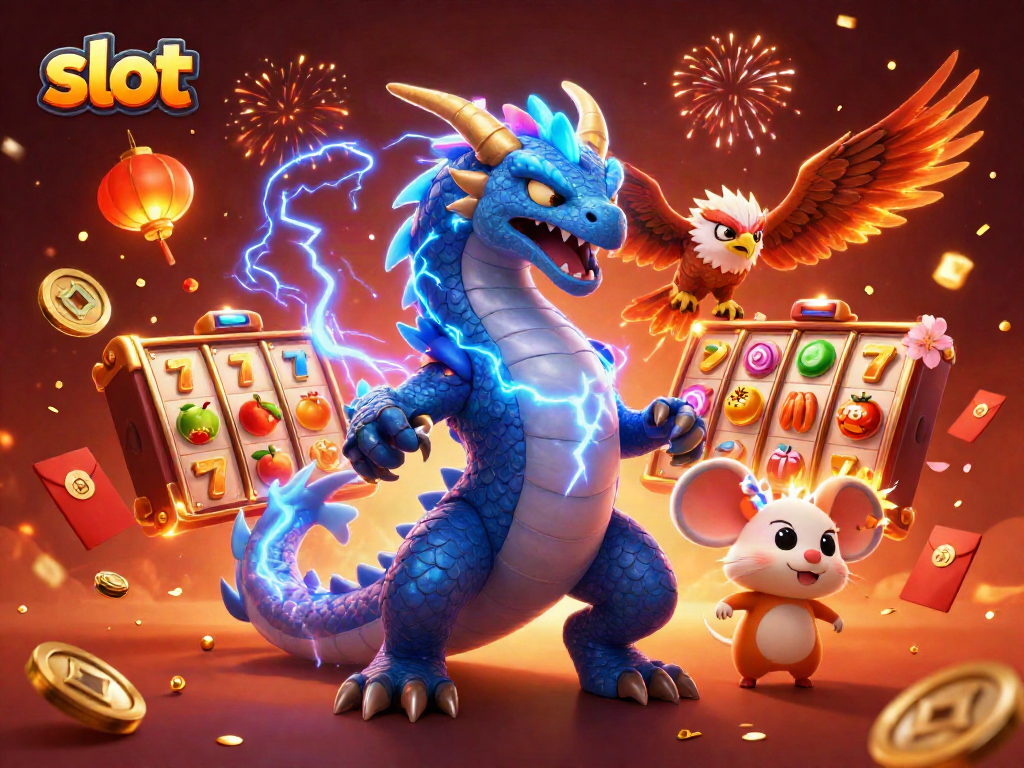 Spin the slot reels with vibrant symbols and lucky 7s amid dynamic casino celebration.