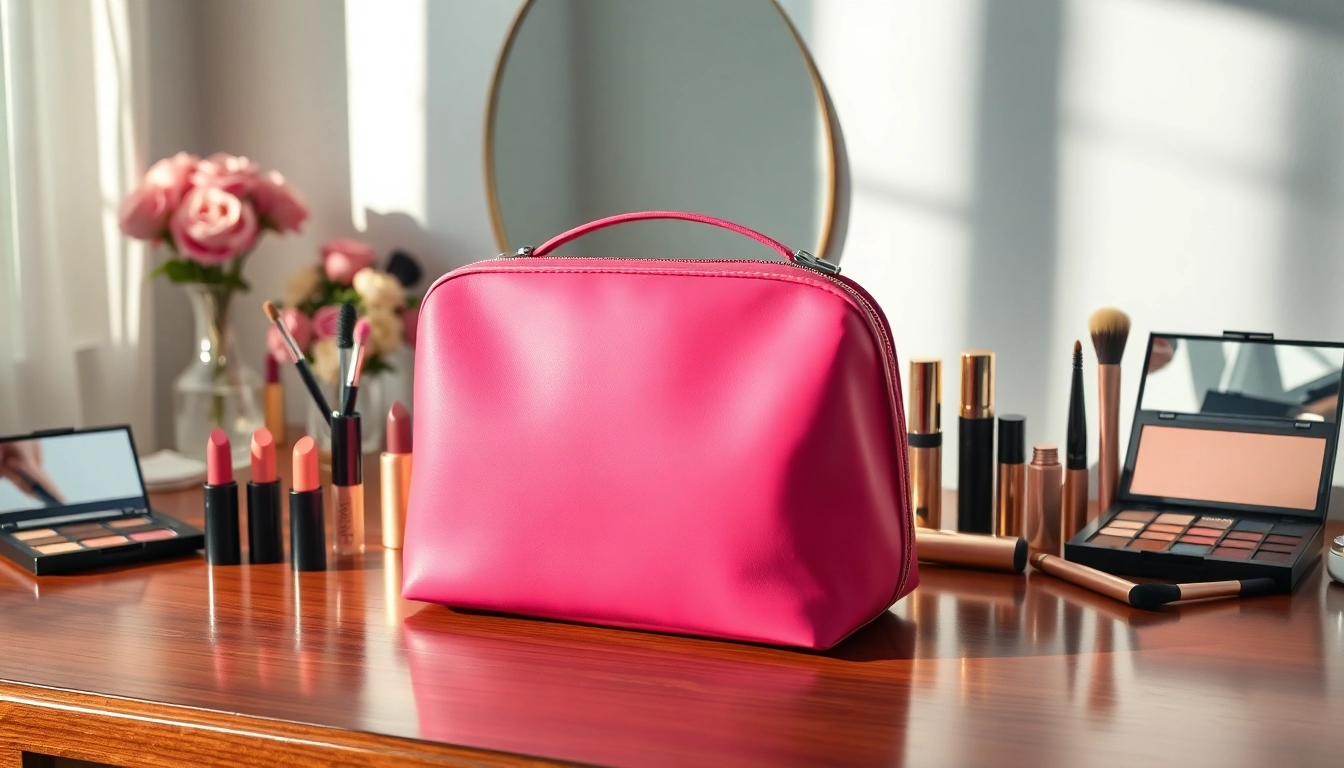 Showcase of skone cosmetics signature makeup bag with vibrant makeup products elegantly arranged.