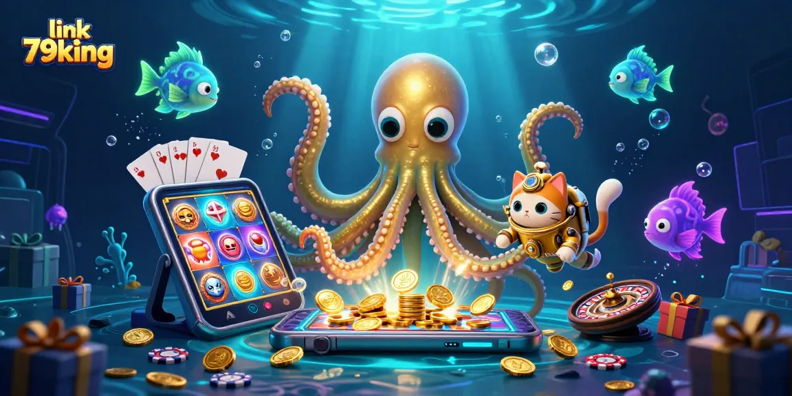 Spin and win with link 79king while a kraken and diving cat dive into casino treasures.
