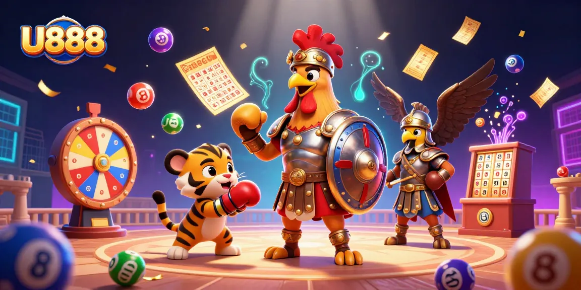 Experience excitement at U888 with a dynamic scene of a gladiator rooster and tiger cub amidst a vibrant gambling adventure.