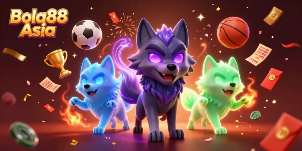 Engage with Bola88 Asia through a captivating 3D scene featuring a mystical wolf leader and sports betting elements.