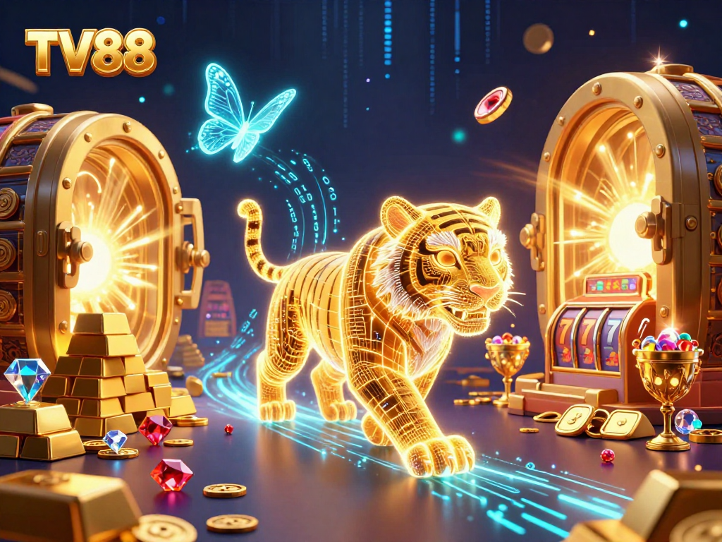 Experience thrilling wins at TV88, showcasing vibrant 3D casino art with a golden tiger and wealth elements.