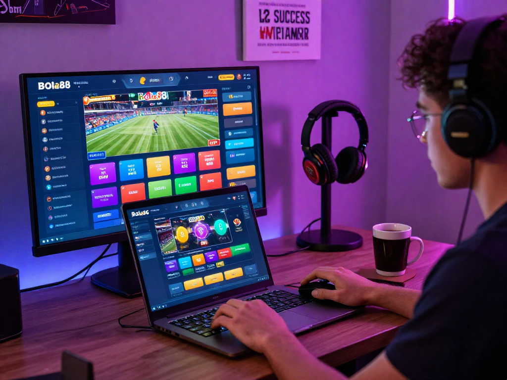 Bola88 user engaging with vibrant digital betting interface on laptop.