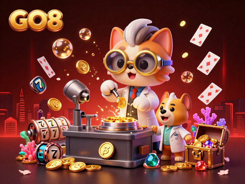 Experience GO8's vibrant casino atmosphere with a mad scientist cat and lab assistant surrounded by gems and lucky slot machines.